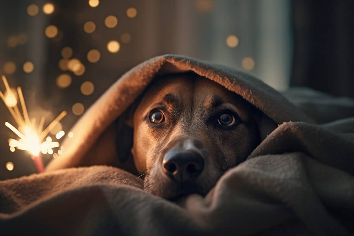Ängstlicher Hund versteckt sich unter einer Decke